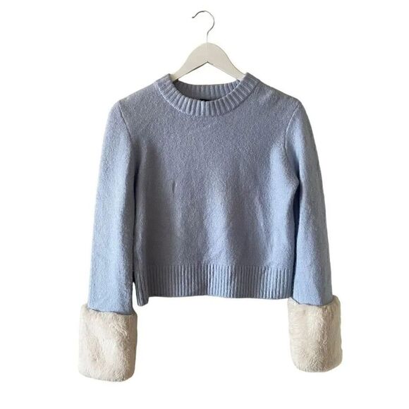 ZARA FAUX FUR TRIM Cream Fur Cuffs  KNIT BLEU SWEATER CROP  SOFT SZ S # 1725 - Picture 3 of 15